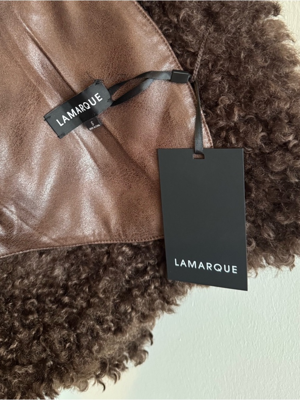 Lamarque Dark Brown Faux Fur Sherpa Leather Jacket - Picture 3 of 5